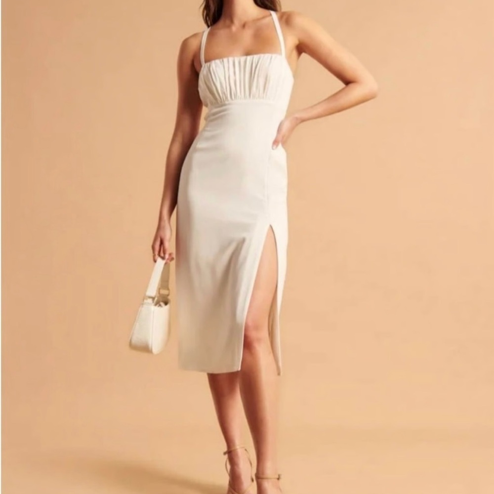 Abercrombie & Fitch Ruched Bust Tie Strap Back White Midi Dress with Slit XS